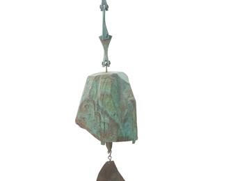 1475
Paolo Soleri (1919-2013)
A Cosanti wind bell, mid/late 20th century; Paradise Valley, AZ
With cast Paolo Soleri cipher
The cast bronze bell with clapper and sheet copper fin
Overall: 23" H; Bell: 8.25" H x 6.75" Dia.; Fin: 5.75" H x 6.5" W
Estimate: $400 - $600