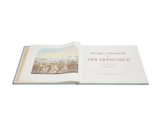 1454
"Historic Lithographs of San Francisco"
1972
Baird, Joseph Armstrong & Evans, Edwin Clyve. "Historic Lithographs of San Francisco." San Francisco: Steven A. Waterson for Burger & Evans, 1972
Edition: 76 of about 150 actually printed, though 1,000 copies stated on colophon
The oblong elephant folio featuring 11 color and 35 monochrome or partly colored oversized plates, bound in blue cloth and housed in a handled hard case
Book: 23.625" H x 35.5" W x 1.75" D; Case: 26" H x 37" W x 1.125" D
Estimate: $1,000 - $1,500