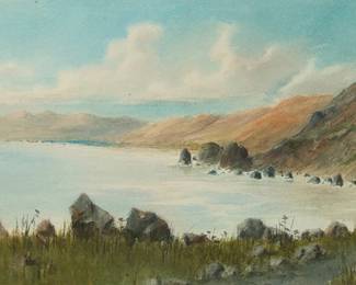1009
Alfred Farnsworth
(1858-1908)
Seaside landscape, circa early 1900s
Watercolor on paper
Signed and indistinctly dated and inscribed lower right: A. Farnsworth / 19**
Sight: 9.5" H x 19" W
Estimate: $500 - $700
