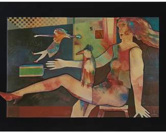 1304
20th Century American School
Seated woman with a bird
Three-dimensional offset lithograph and mixed media
Edition: 10/199
Signed indistinctly and numbered along the lower edge
18.5" H x 29.5" W
Estimate: $100 - $200