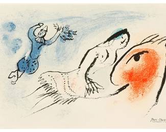 1273
Marc Chagall
(1887-1985)
"Carte de Voeux pour Aimé," 1960
Lithograph in colors on paper
From the edition of unknown size
With the printed signature lower right: Marc Chagall
Sight: 7.25" H x 10.5" W
Estimate: $200 - $300