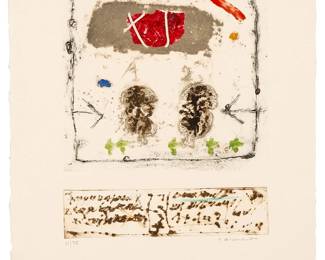 1223
James Coignard
(1925-2008)
"Objet Bleu," from the "Trois icones pour rover" suite, 1977
Etching and carborundum in colors on wove paper
Edition: 51/75 (there were also 20 artist's proofs)
Signed and numbered in pencil in the lower margin: J. Coignard; Vision Nouvelle, Paris, prntr.
Sheet: 16" H x 13" W
Estimate: $300 - $500
