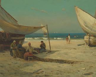 1014
Angel Espoy
(1879-1963)
Fishing boats and figures
Oil on canvas
Signed lower right: A. Espoy
24" H x 36" W
Estimate: $1,000 - $1,500