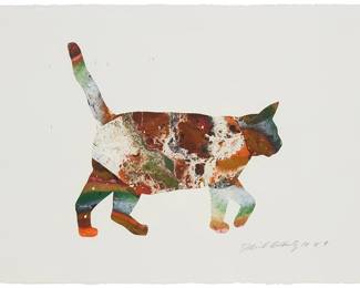 1299
David Gilhooly
(1943-2013)
"Cat," 1988
Monotype in colors on Arches paper
Signed and dated in pencil in the lower margin: David Gilhooly 1988; titled in ink, in another hand, on a label affixed to the frame's backing paper
Image: 15.75" H x 17.5" W (irreg.); Sheet: 22.25" H x 29.75" W
Estimate: $300 - $500