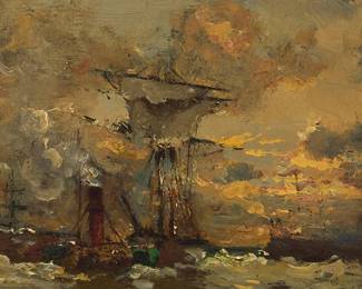 1024
Julius Yulevich Von Klever
(1850-1924)
"Ships at Sea"
Oil on panel
Initialed lower right: J.K.; titled on the sales invoice
9" H x 6" W
Estimate: $600 - $800
