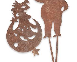 1445
Two Folk Art iron garden ornaments
20th/early 21st century
One depicting a standing figure and another depicting a trumpeter figure atop a crescent moon among stars
2 pieces
Taller: 30" H x 13" W; Shorter: 21" H x 13" W
Estimate: $100 - $150
