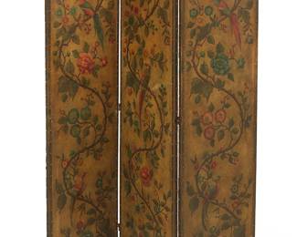 1383
A painted leather three-panel dressing screen
Circa 1920s
Each panel depicting pheasants and floral vines, with tacking along edges and brass hinges
Each panel: 72.125" H x 21.375" W x 1" D; Stored: 3.375" D
Estimate: $200 - $300