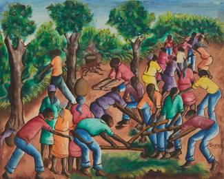 1139
20th Century Haitian Folk Art School
Figures working in a field, 1961
Oil on canvas laid to panel
Signed lower right: Sandré; dated 1961 and inscribed in green ink on a partial label affixed verso
24" H x 30" W
Estimate: $200 - $300