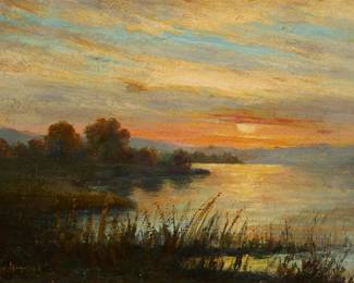 1150
Claude François Auguste (Marquis de) Mesgrigny
(1836-1884)
Sunset landscape
Oil on canvas laid to canvas
Signed lower left: François Mesgrigny
10" H x 14" W
Estimate: $400 - $600