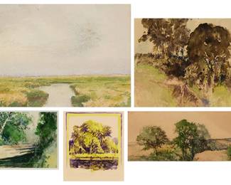 1069
Thomas Forman Bancroft
(1864-1934)
Group of five landscapes with trees
Each: Watercolor on paper
Each unsigned
Sight of largest: 5.375" H x 8.75" W; Sight of smallest: 2" H x 3.125" W
Estimate: $300 - $500