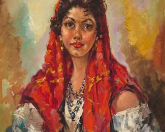 1117
Franco Rispoli
(1921-1989)
Portrait of a woman
Oil on canvas
Signed upper right: Rispoli; signed again on the stretcher bar
27" H x 20" W
Estimate: $300 - $500
