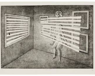 1224
20th Century American School
"Trapped," 1983
Etching on BFK Rives paper
Initialed, titled, dated, and numbered in pencil in the lower margin: CP 83
Plate: 12" H x 17.875" W; Sight: 13.75" H x 19" W
Estimate: $50 - $100