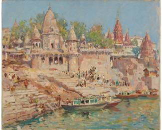 1160
In the Style of Colin Campbell Cooper (1856-1937)
"Temple of Siva, Benares" (India)
Oil on canvas laid to board
Unsigned; titled in pencil verso
18" H x 22" W
Estimate: $1,000 - $1,500