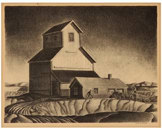 1216
Dale Nichols
(1904-1995)
"Grain Elevator," 1945
Lithograph on paper
From the edition of 250
Signed in pencil in the lower margin, at right: Dale Nichols; American Artists Association, New York, pub.
Image: 9.375" H x 13.375" W; Sight: 10" H x 13" W
Estimate: $200 - $300