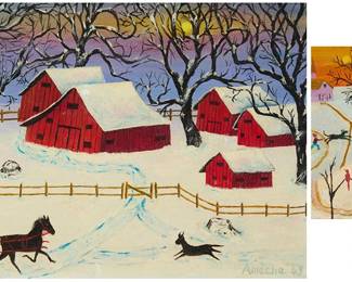 1186
Kay Ameche (1904-2005)
Two works:

Snowy landscape with horses
Oil on canvasboard
Signed lower right; signed again, dated, and inscribed in red ink, verso: "67 / #124 / After Streeter Blair"
4" H x 6" W

"5 Penn Barns," 1968
Oil on canvas
Signed and dated lower right: Ameche 68; signed and dated again, titled, and inscribed, all in red ink, verso: "#275 / After Streeter Blair / on purpose for / the Walraven's / Love, Kay"
9" H x 12" W
Estimate: $800 - $1,200