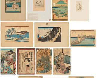 1227
A Study Collection of 15 Japanese Woodcuts by Various Artists
Various artists including by or After Utagawa Hiroshige (1797-1858), Utagawa Hiroshige II (1826-1869), Teisai Sencho (active 1830-50), Utagawa Kunisada (1786-1865), and others
Woodcuts in colors on paper
From the editions of unknown size and date
With various condition issues; we are not able to provide further photographs or condition reports for this lot. Please view in person.
Estimate: $500 - $700