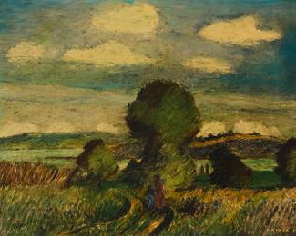 1153
Károly Kotász
(1872-1941)
Landscape with figures
Oil on canvas laid to canvas
Signed lower right: Kotász K
15" H x 19" W
Estimate: $200 - $300
