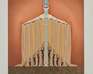 1288
Romain (Erté) de Tirtoff
(1892-1990)
"Adoration," 1986
Screenprint in colors with metallic foils on Arches 88 paper
Edition: 93/300 (aside from the edition of 20 in Roman numerals)
Signed and numbered in pencil in the lower margin: Erté; Coriander Studio, London, prntr.; Kane Fine Art, Ltd., pub.
Image: 20.25" H x 16" W; Sight: 24" H x 19.75" W
Estimate: $300 - $500