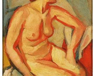 1106
Kurt Haase-Jastrow
(1885-1958)
Seated nude
Oil on artist's board
Signed lower left: Kurt Haase-Jastrow
8.5" H x 6.5" W
Estimate: $100 - $200