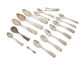 1344
A group of sterling silver spoons
20th century
Each marked for sterling and variously for maker
Comprising three tablespoons, various teaspoons, a salt spoon, a sugar spoon, and sugar tongs
16 pieces
Largest: 9.25" L; Smallest: 2.25" L
10.2 oz. troy approximately
Estimate: $300 - $500