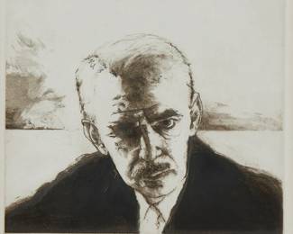 1220
John Coughlin
(1885-1943)
"Eugene O'Neill"
Etching and aquatint on paper
Edition: 17/100
Signed, titled, and numbered in pencil in the lower margin: John Coughlin; titled again on a gallery label affixed to the frame's backing board
Plate: 7.5" H x 8.5" W; Sight: 8.25" H x 9" W
Estimate: $100 - $200
