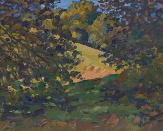 1058
Thomas Wood
(b. 1940)
Landscape with greenery, 2000
Oil on Masonite
With the incised signature and date lower right: T. Wood 00
7" H x 9" W
Estimate: $200 - $300