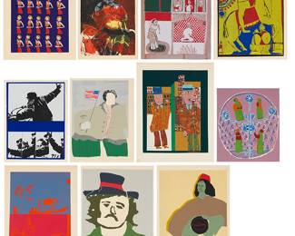 1293
A group of eleven screenprints by various 20th century artists
Two political, three portraits, three abstracts, and three scenes with figures
Eleven screenprints in colors on wove papers
Ten signed, titled, and/or numbered in pencil near the lower edge of the image or the lower margin; one is not signed, titled, or numbered
Image of smallest: 17" H x 14.125" W; Sheet of smallest: 18.5" H x 15.5" W; Image of largest: 23" H x 17" W; Sheet of Largest: 26" H x 19.875" W
Estimate: $300 - $500