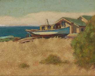 1022
Arthur Harold Knott
(1883-1977)
"Up for Repairs," circa 1920s
Oil on canvas laid to board
Signed, titled, and inscribed in ink verso: A. Harold Knott / "Morro Bay Calif.;" dated on two labels affixed verso
8" H x 10" W
Estimate: $400 - $600