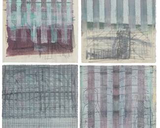 1321
Moshe Kupferman
(1926-2003)
Four untitled works, 1987-88
Each: Oil, ink transfer, and graphite on paper
Each: Signed (twice) in English and Hebrew and dated either "87" or "88" in pencil along the lower edge: Kupferman
Image/Sheet of smallest: 9" H x 6.75" W; Image/Sheet of largest: 10.375" H x 7.5" W
Estimate: $2,000 - $3,000