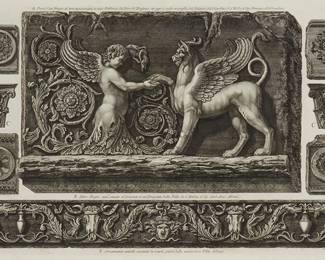 1201
Giovanni Battista Piranesi
(1720-1778)
"Due Fregi Marmorei e Sei Frammenti Ornamentali (Ville Aldobrandini ed Albani)"
Etching on paper
From the edition of unknown size and date
Artist's name, titles, and plate number etched in the plate: Cav. Piranesi F.
Plate: 16.25" H x 24.5" W; Sight: 17.125" H x 25.625" W
Estimate: $300 - $500