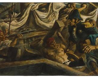 1124
Ben Stahl
(1910-1987)
"Hornblower Series"
Oil on board
Signed lower right: Stahl; titled and inscribed verso: "Sat Evening Post - 1955"
10" H x 20" W
Estimate: $400 - $600