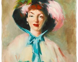 1110
Betty Johnson
(20th Century)
Portrait of a woman
Oil on canvas
Unsigned; inscribed in pencil verso: "Painted by Betty Johnson / Pasadena Artist Belonged to / Pasadena Association of Art / died on Allen in Pasadena / died in 2007"
20" H x 16" W
Estimate: $50 - $100