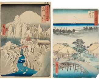 1233
Utagawa Hiroshige (1797-1858)
Two works:

"Snow on Mount Haruna in Kozuke Province," from the "Famous Places in the Sixty Odd Provinces" series, circa 1850s
Woodcut in colors on paper
From the edition of unknown size and date
With the black ink "Hiroshige gwa" signature and other Japanese seals in the upper left and right image, and in the upper left and lower right margins
Image: 13.625" H x 9.125" W; Sheet: 14.25" H x 9.5" W

"Yokkaichi: Nako Bay and the Mie River," from the series "Famous Sights of the Fifty-three Stations," circa 1850s
Woodcut in colors on paper
From the edition of unknown size and date
With the black ink "Hiroshige gwa" signature and other Japanese seals in the lower left and upper right image
Sheet: 13.5" H x 8.75" W
Estimate: $200 - $300