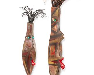 1460
A. Jeffrey Zigulis
(b. 1954)
Two Dream Masks
Painted ceramic and plastic wire
Each with incised signature verso: A.J. Zigulis
Larger: 31.5" H x 11.75" W x 8.25" D; Smaller: 19.5" H x 8.5" W x 5.75" D
Estimate: $100 - $200