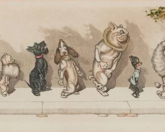 1222
Boris O'Klein
(1893-1985)
"Chacun son Tour!" from the "Dirty Dogs of Paris" series
Etching with hand-coloring on wove paper
From the edition of unknown size and date
Signed and titled in pencil in the lower margin, possibly by the artist's grandson: O' Klein
Plate: 6.5" H x 17.625" W; Sight: 7.5" H x 18" W
Estimate: $200 - $300