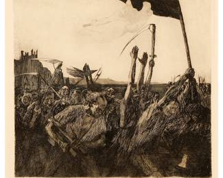 1210
Käthe Kollwitz
(1867-1945)
"Aufruhr" (Uprising), 1989
Etching, drypoint, and aquatint on wove paper
Unsigned; with the A.v.d. Becke Muenchen-22 blindstamp in the lower right corner of the platemark; Alexander von der Becke, Berlin, Germany, pub.
Plate: 11.5" H x 12.5" W; Sight: 12" H x 13" W
Estimate: $400 - $600