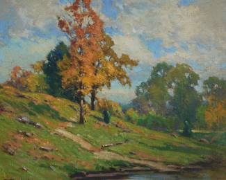 1049
Frank Charles Peyraud
(1858-1948)
"October in Vermont"
Oil on canvas
Signed lower left: FC Peyraud; signed again and titled on a label affixed to the stretcher bar
20" H x 24" W
Estimate: $700 - $900
