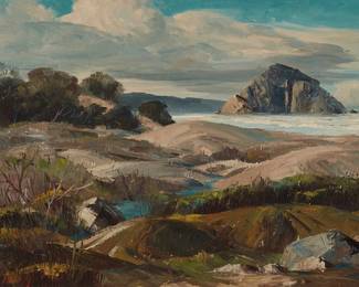 1003
Bennett Bradbury
(1914-1991)
"Morro Rock"
Oil on canvas
Signed lower left: Bennett Bradbury; faintly signed again, titled, and numbered "#1233," all verso
22" H x 30" W
Estimate: $700 - $900