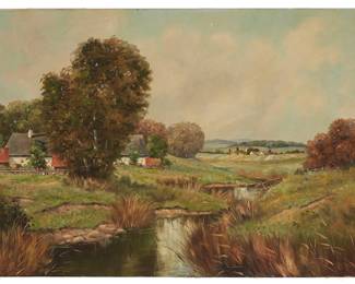 1033
Josef Krotter
(b. 1894)
Farm in a pastoral landscape
Oil on canvas
Signed lower right: Krotter; with the copyright ink stamp of The W. T. Burger Co., verso
27.75" H x 39" W
Estimate: $300 - $500