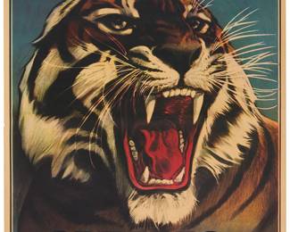 1308
Barnum & Bailey circus poster
"The Greatest Show on Earth" (Tiger), 1916
Offset lithograph in colors on paper
From the edition of unknown size and date
Unsigned; Strobridge Lithographing Company, Cincinnati, OH, and New York, NY, pub.
Image: 31.125" H x 22.625" W; Sheet: 36.5" H x 23.5" W
Estimate: $200 - $300
