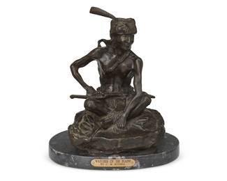 1093
After Charles Marion Russell
(1864-1926)
"Watcher of the Plains"
Patinated bronze on marble plinth
Signed in the casting: C M Russel; attributed and titled to metal plaque applied to plinth
Bronze: 11.125" H x 8" W x 6.75" D; Overall: 12.5" H x 11.125" W x 6.75" D
Estimate: $200 - $400