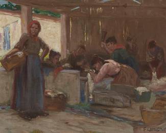 1119
Frederick Carl Smith
(1868-1955)
Wash day
Oil on canvas laid to board
Signed lower right: F. Carl Smith
12" H x 16" W
Estimate: $500 - $700