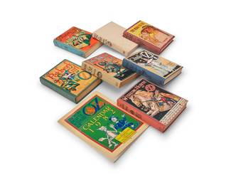 1456
L. Frank Baum (1856-1919)
A group of "Oz" hardcover books, 1909-1981
Most a later edition or printing, illustrated by John R. Neill (1877-1943)
Eight works:

"The Road to Oz." Chicago: The Reilly & Lee Co., 1909

"The Patchwork Girl of Oz." Chicago: The Reilly & Lee Co., 1913

"Tik-Tok of Oz." Chicago: The Reilly & Lee Co., 1914

"Rinkitink in Oz." Chicago: The Reilly & Lee Co., 1916

"Glinda of Oz." Chicago: The Reilly & Lee Co., 1920

Together with:
Thompson, Ruth Plumly." Chicago: The Reilly & Lee Co., 1935

Neill, John R. "The Scalawagons of Oz." Chicago: The Reilly & Lee Co., 1941

The Wonderful Wizard of Oz Calendar 1982." San Francisco: Determined Productions, Inc., 1981

8 pieces
Estimate: $100 - $200