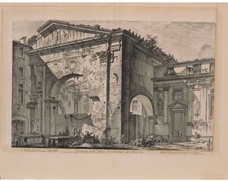 1206
Giovanni Battista Piranesi
(1720-1778)
"Veduta dell'Atrio del Portico di Ottavia" (View of the Atrium of the Portico of Octavia), one plate from "Vedute di Roma" (Views of Rome), circa 1760-1778
Etching on laid paper, watermark Fleur-de-Lys in Double Circle
Artist's name etched in the plate in the lower right corner: Piranesi Architetto fec.
Plate: 15.625" H x 23.5" W; Sheet: 20.75" H x 30.25" W
Estimate: $200 - $300