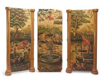 1385
A painted wood three-panel coromandel screen
Late 20th/early 21st century
Depicting African animals in a decadent garden scene
3 pieces
Overall: 80" H x 98" W x 5" D; Largest panel: 38" W
Estimate: $500 - $700