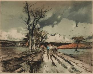 1162
Ferdinand-Jean Luigini
(1870-1943)
Figure and horse cart in a French landscape, 1926
Etching and aquatint in colors on paper
From the edition of unknown size
Signed and numbered "321" in pencil in the lower plate corners: FJ Luigini; L'Estampe Moderne, Paris, pub., with their blindstamp in the lower margin and their copyright and date printed in the upper plate corners
Plate: 19" H x 23.75" W; Sight: 23.5" H x 28" W
Estimate: $150 - $250