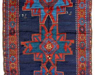 1414
A Caucasian rug
Mid-20th century
Numbered in the weaving: 193 [illegible]
Wool on wool foundation
8' 5" L x 4' 4" W
Estimate: $250 - $350