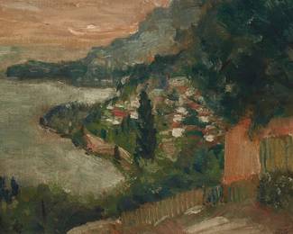 1010
Philip Miller
(1896-1977)
"Late Afternoon"
Oil on canvas laid to board
Signed lower right: Philip Miller; signed again and inscribed in ink verso: "Cap Martin from Rocque Brune France;" titled in ink on an exhibition label affixed verso
12" H x 15.25" W
Estimate: $500 - $700