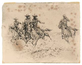 1082
Edward Borein
(1872-1945)
"Race to the Wagon, No. 2"
Etching on off-white paper, watermark Umbria Italia
A rare, possibly unique, impression aside from the two states described by Galvin
Unsigned; inscribed in pencil in another hand, verso, "Apparently unrecorded"
Plate: 4.875" H (width plate marks trimmed); Sheet: 5" H x 6.5" W
Estimate: $300 - $500