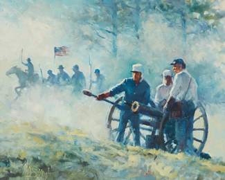 1086
Arch D. Shaw
(b. 1933)
"The Boys in Blue," 1990
Oil on panel
Signed lower left: A.D. Shaw; signed again, titled, dated, and inscribed, all verso: "The Boys in Blue / / Archie D Shaw / Dec 1990 "
17" H x 21.5" W
Estimate: $300 - $500